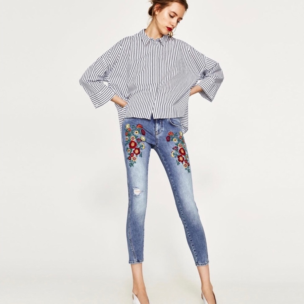 Zara Floral Embroidered Jeans
